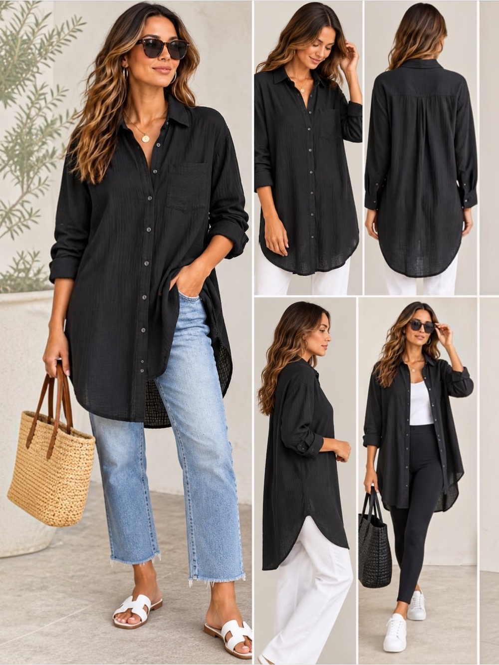 Gap Crinkle Gauze Weekend Tunic Shirt Black Size L 100% Cotton Button Up